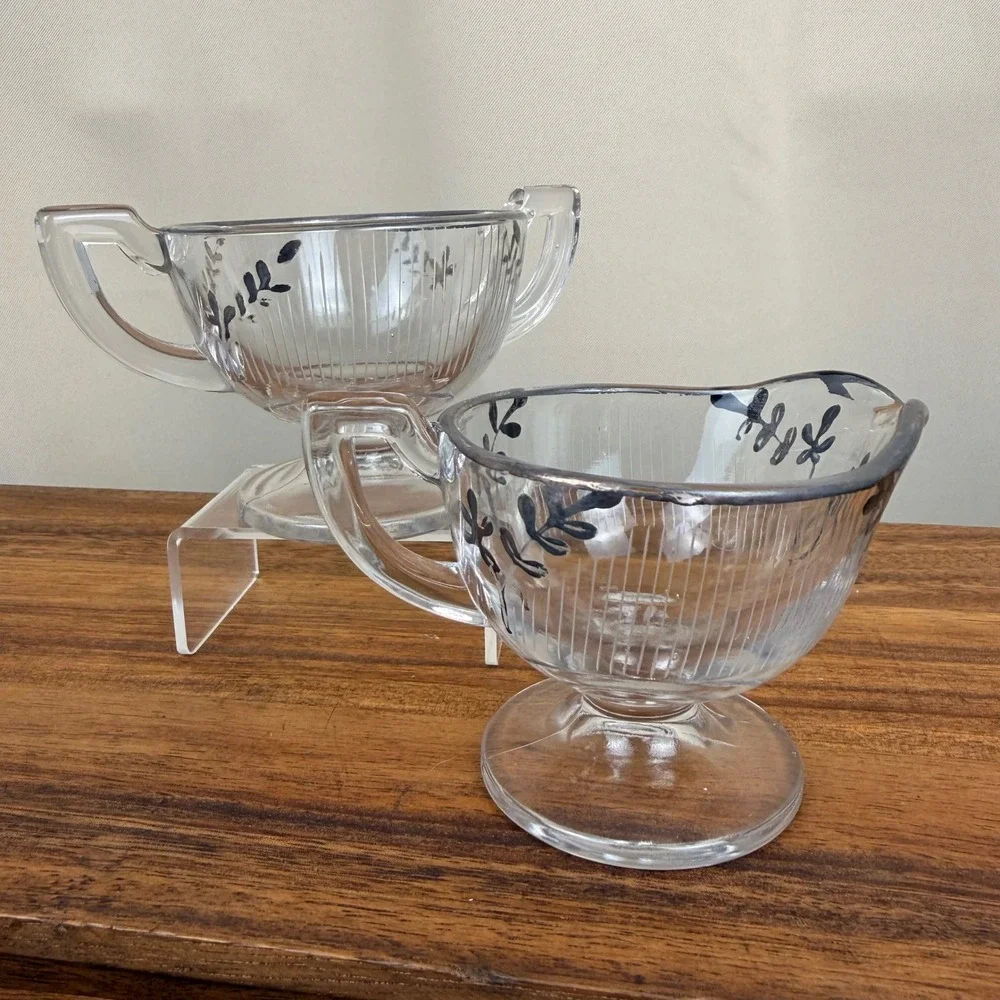 Vintage Art Deco Glass Creamer and Sugar Set  Floral Silver  Overlay Rim Ribbed